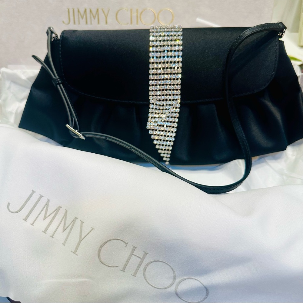 NWT JIMMY CHOO NOA SATIN SLEEK SHOULDER-CLUTCH EVENING BAG WITH CRYSTALS